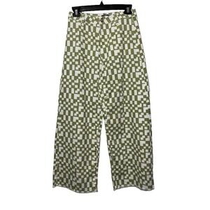 Truce Kids Sz 10 Green White Pixelated Checkerboard Wide‎ Leg Jeans Raw Hem